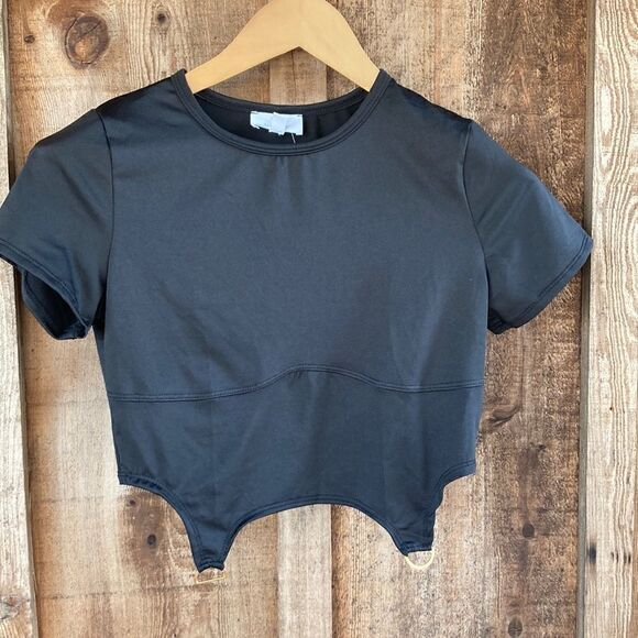 Live In The Moment Black Garter Crop Short Sleeve Top-Silver Toned Ring Detail - Picture 2 of 6